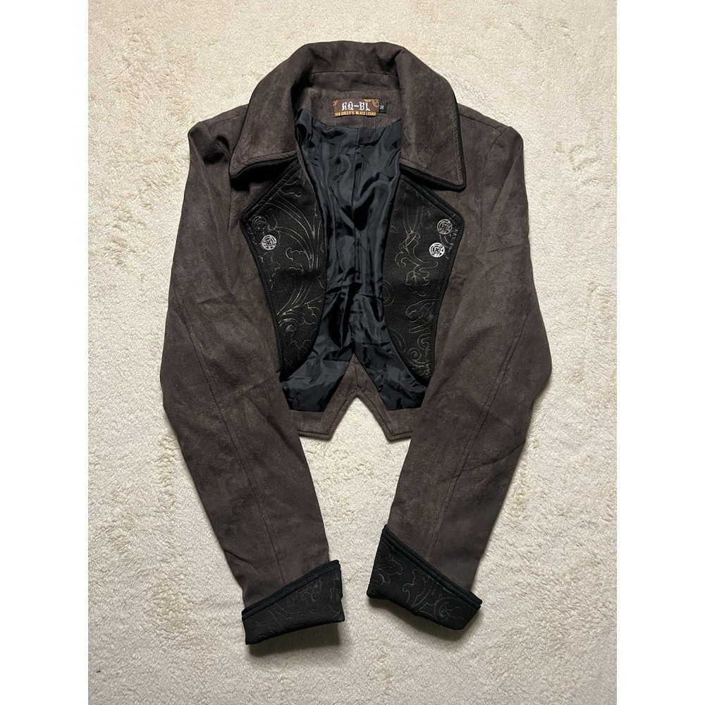 Vintage RQ-BL Cropped Brown Leather Jacket Size M Embroidered Lapels Steampunk